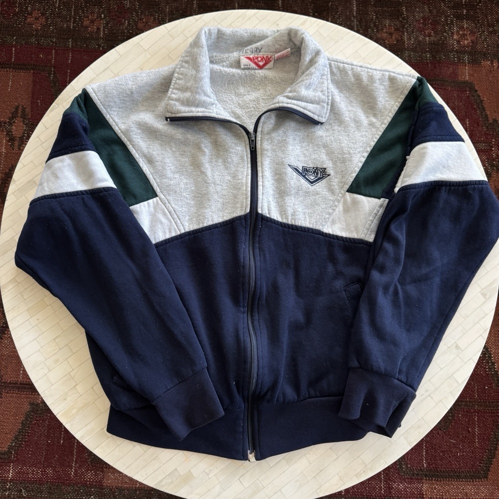Vintage 80s Pony Full Zip Collar Sportswear Track Jacket size Large Navy Gray